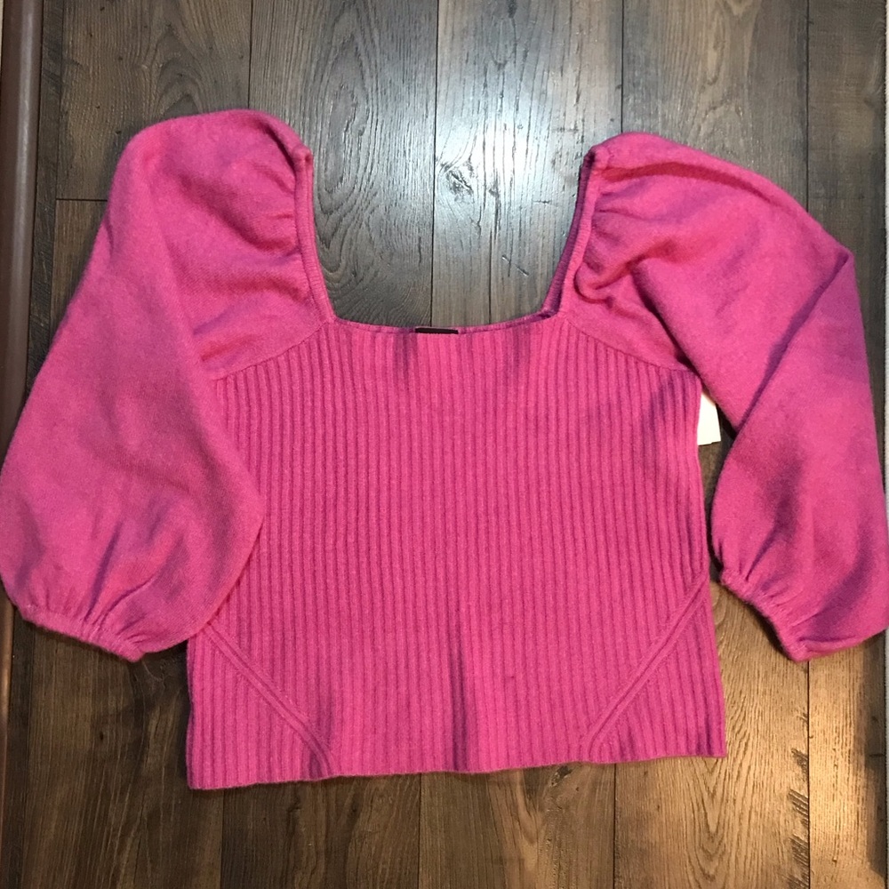 Square Neck Pink Puff Sleeve Sweater
